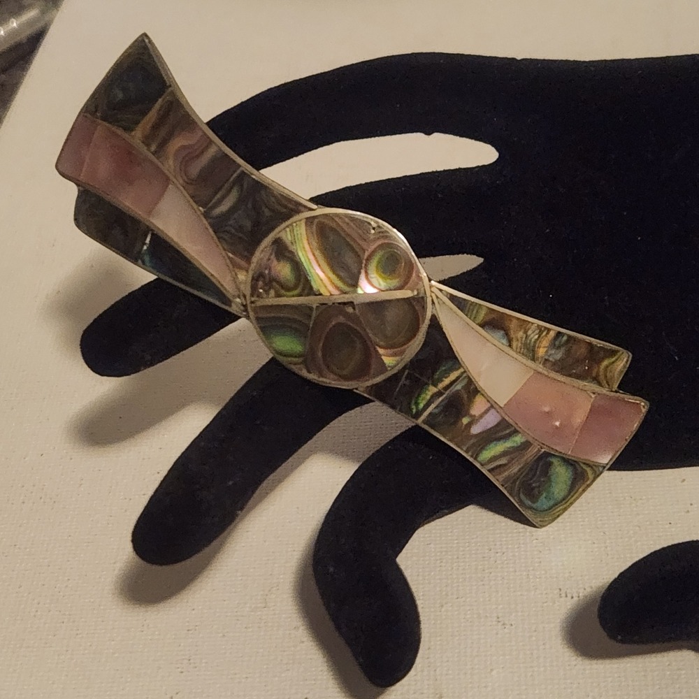 Vintage Alpaca Mexico Abalone Mother of Pearl Inlay Bow Hair Barrette Clip 3.5in
